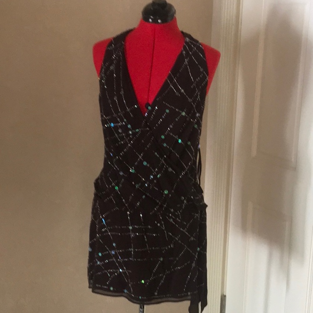 Silk sequined halter mini dress.